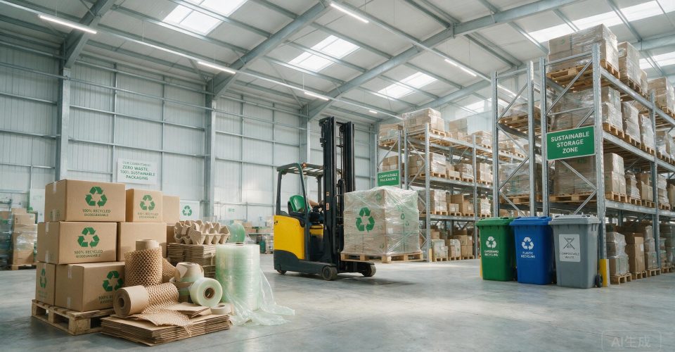 Warehouse with eco-friendly sustainable packaging materials and recycling symbols
