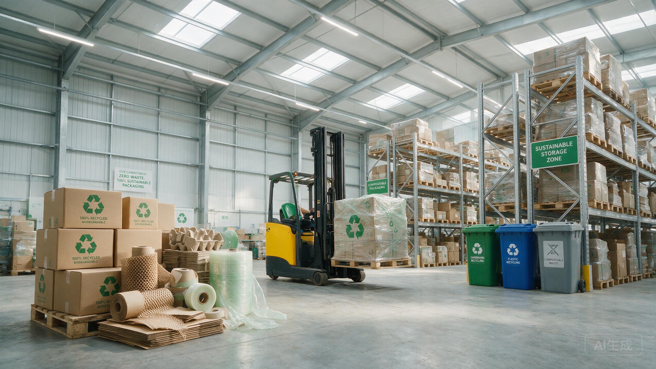 Warehouse with eco-friendly sustainable packaging materials and recycling symbols