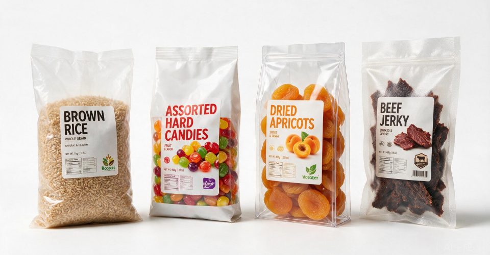 Comparison of common plastic packaging bag materials: LDPE, BOPP, PET, and Nylon showing different transparency and texture