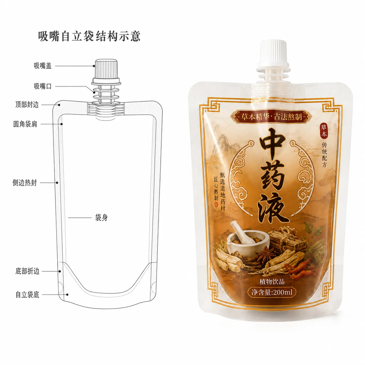 Structure line drawing of Chinese herbal liquid spout pouch