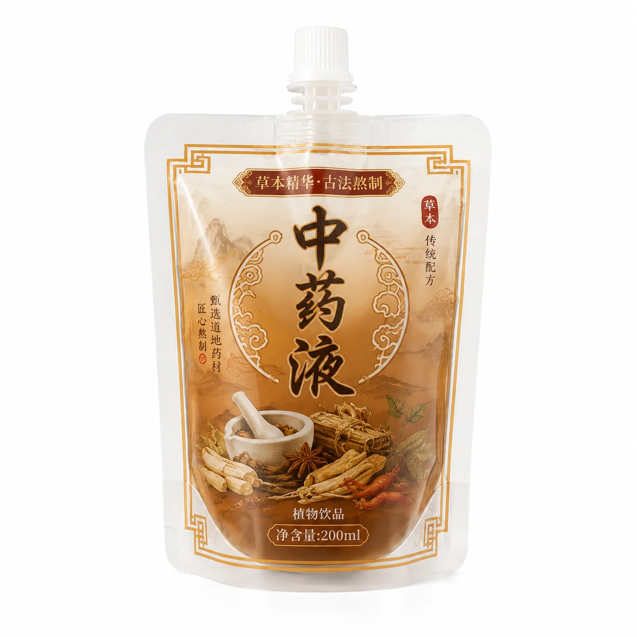Stand-up spout pouch for Chinese herbal liquid packaging