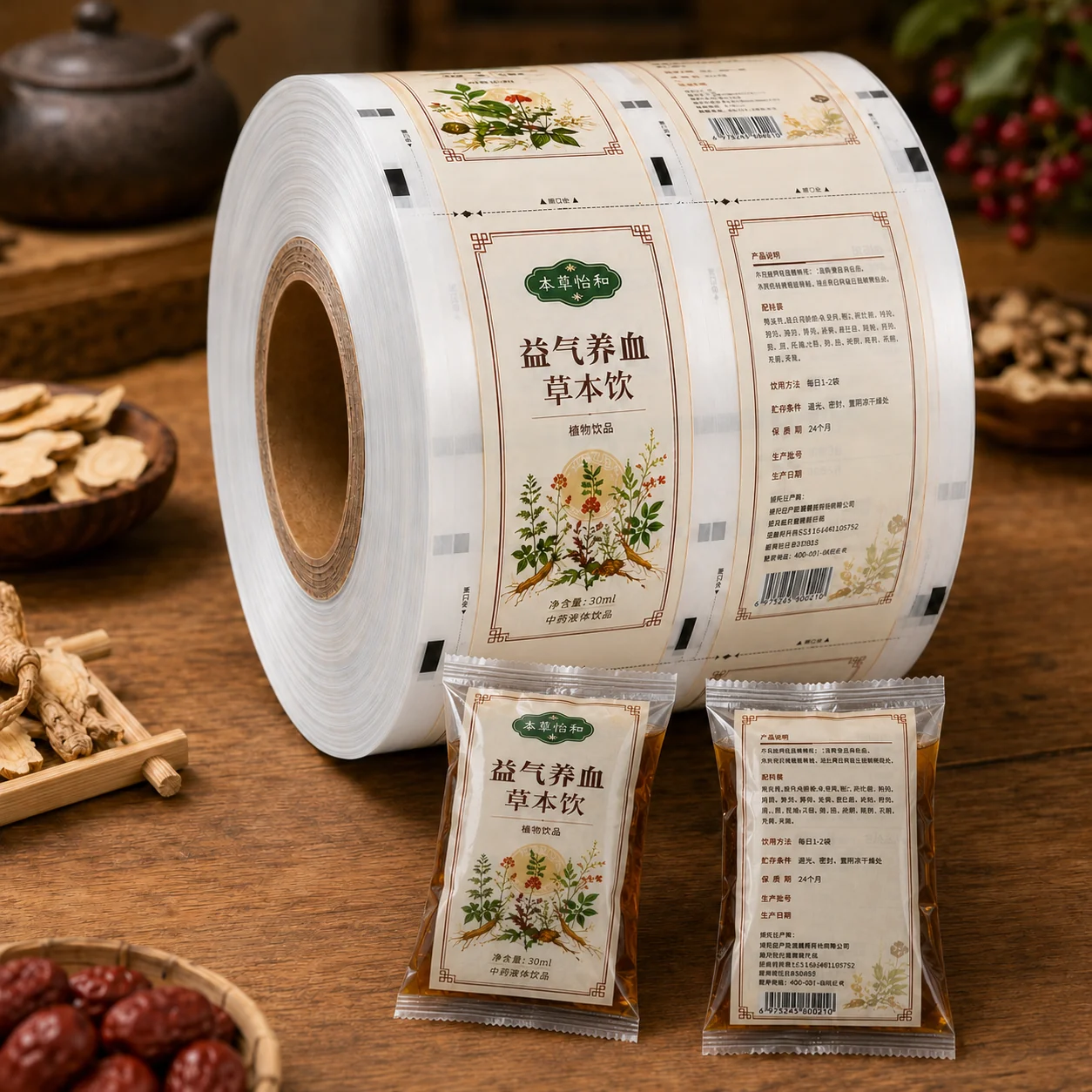 Chinese herbal liquid packaging roll film application and use