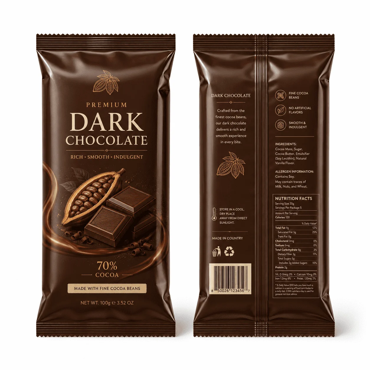 Custom Chocolate Center Seal Pouches, Snack Pouches