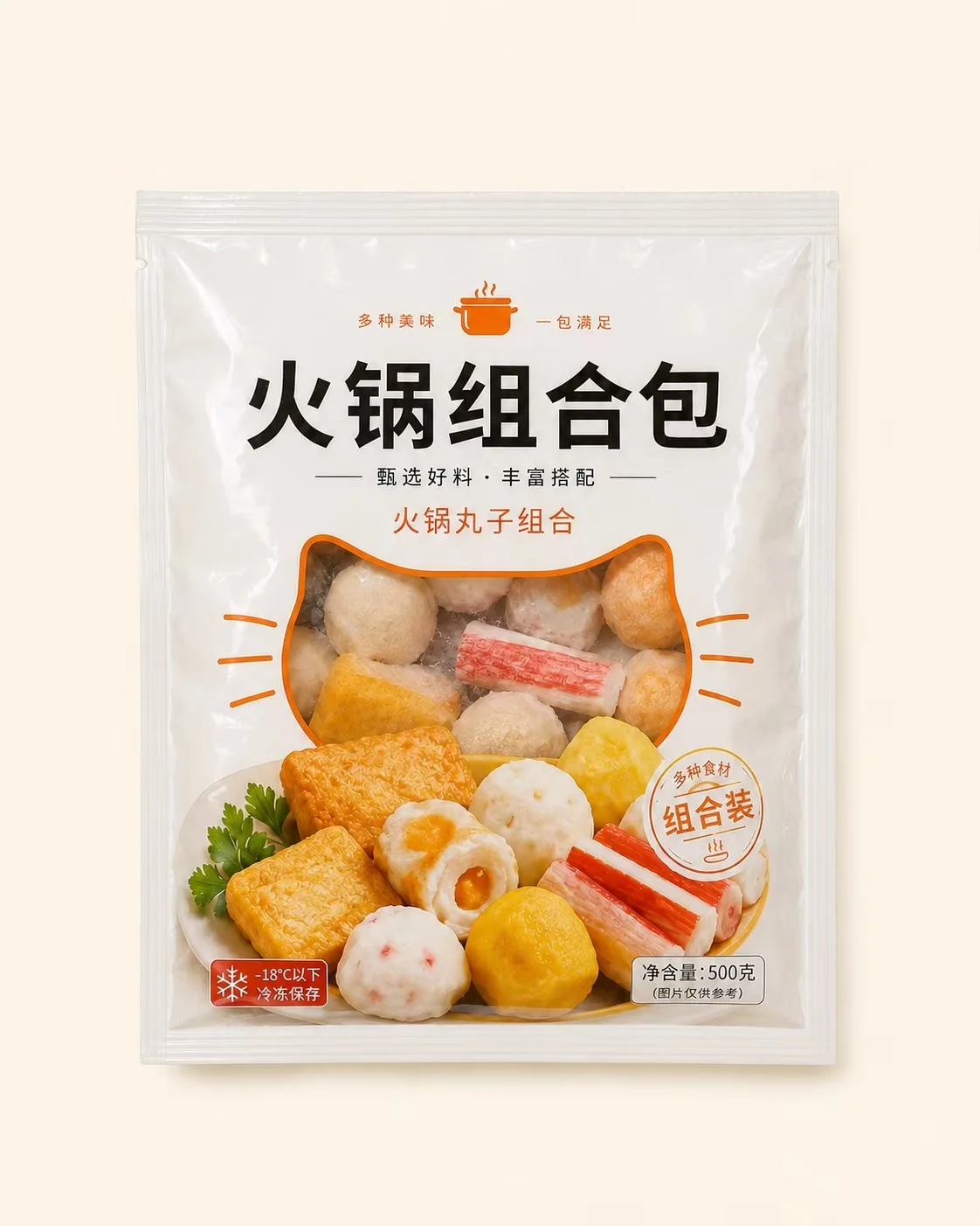 Hot pot ingredients in a freezer pouch