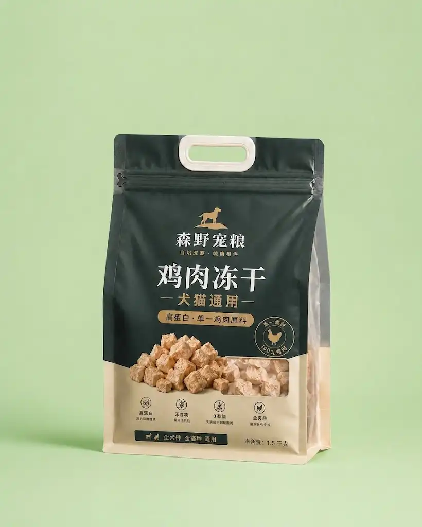Freeze-dried chicken pet food packaging