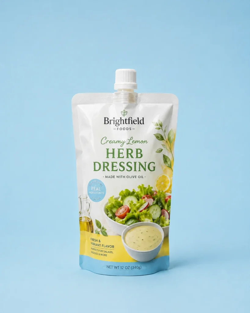 Packaging process - salad dressing spout pouch