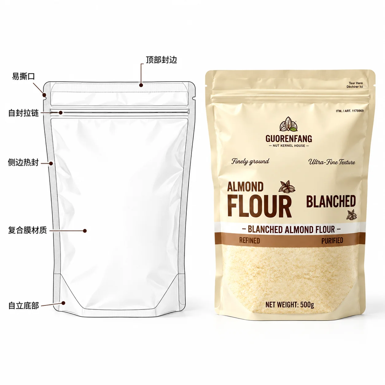 custom powder packaging pouches zipper tear notch and stand-up bottom structure diagram