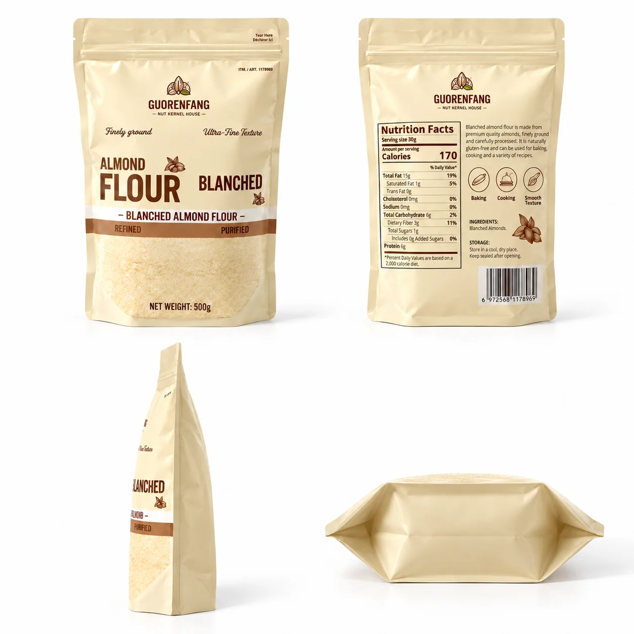 custom powder packaging pouches front back side and bottom views