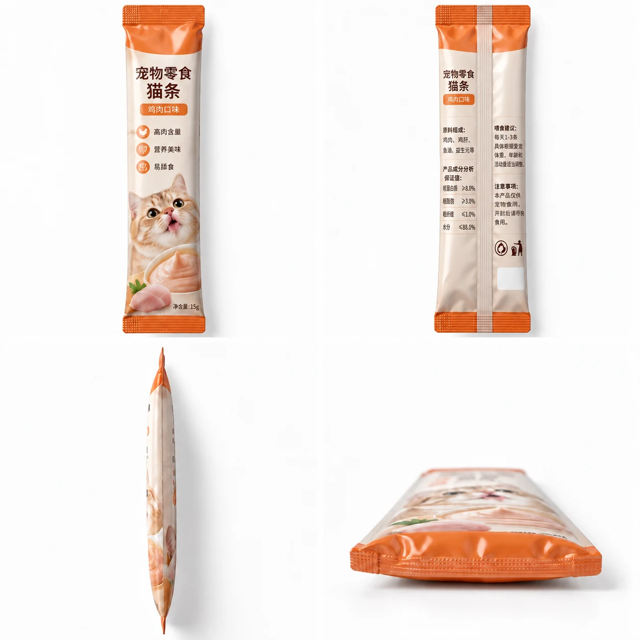 Cat treat stick packaging - multiple views