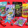 Display of custom cannabis packaging bags for flower, resealable smell-proof mylar pouches printed with brand artwork