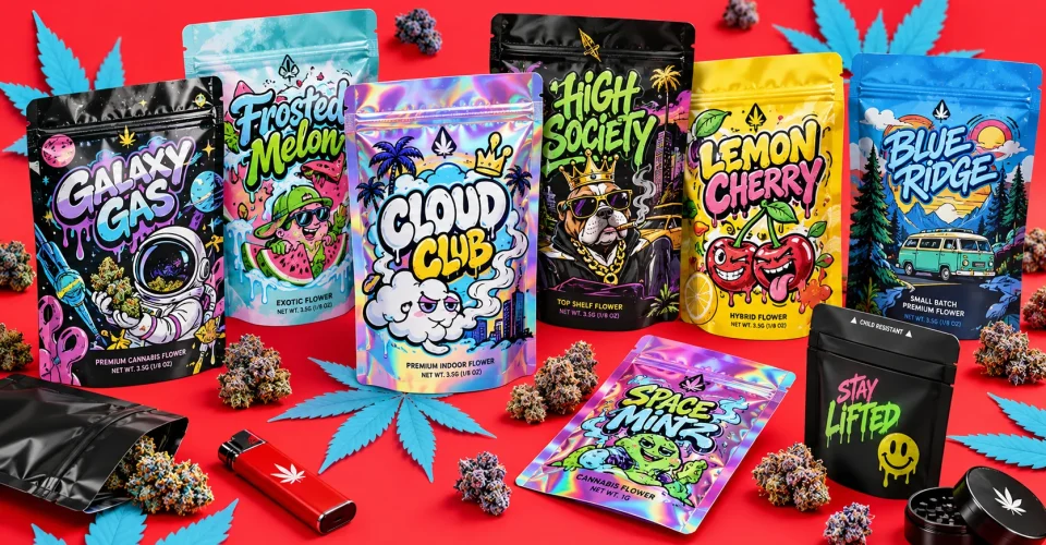 Display of custom cannabis packaging bags for flower, resealable smell-proof mylar pouches printed with brand artwork