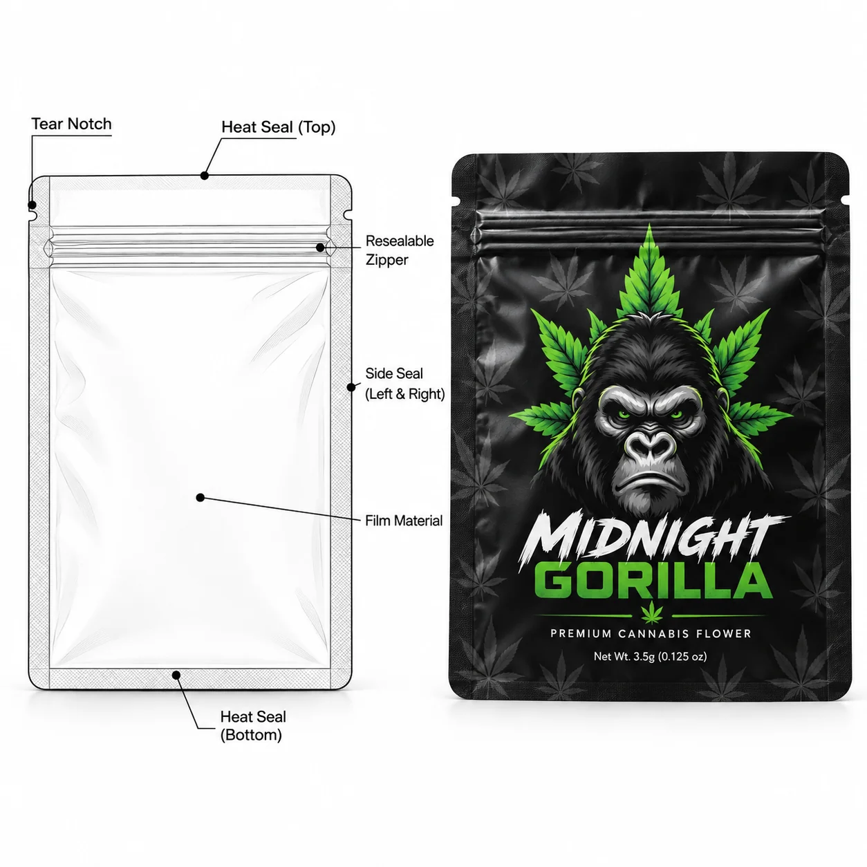 Line drawing of a custom weed pack structure and dimensions