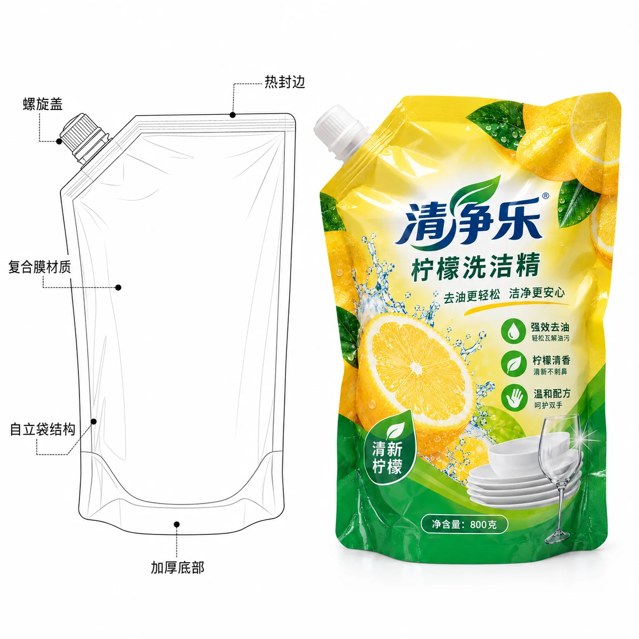 Dish soap refill pouches - structure drawing