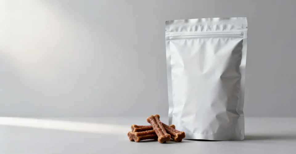 Dog treat packaging: a stand-up pouch of dog treats with a few meat treats beside it