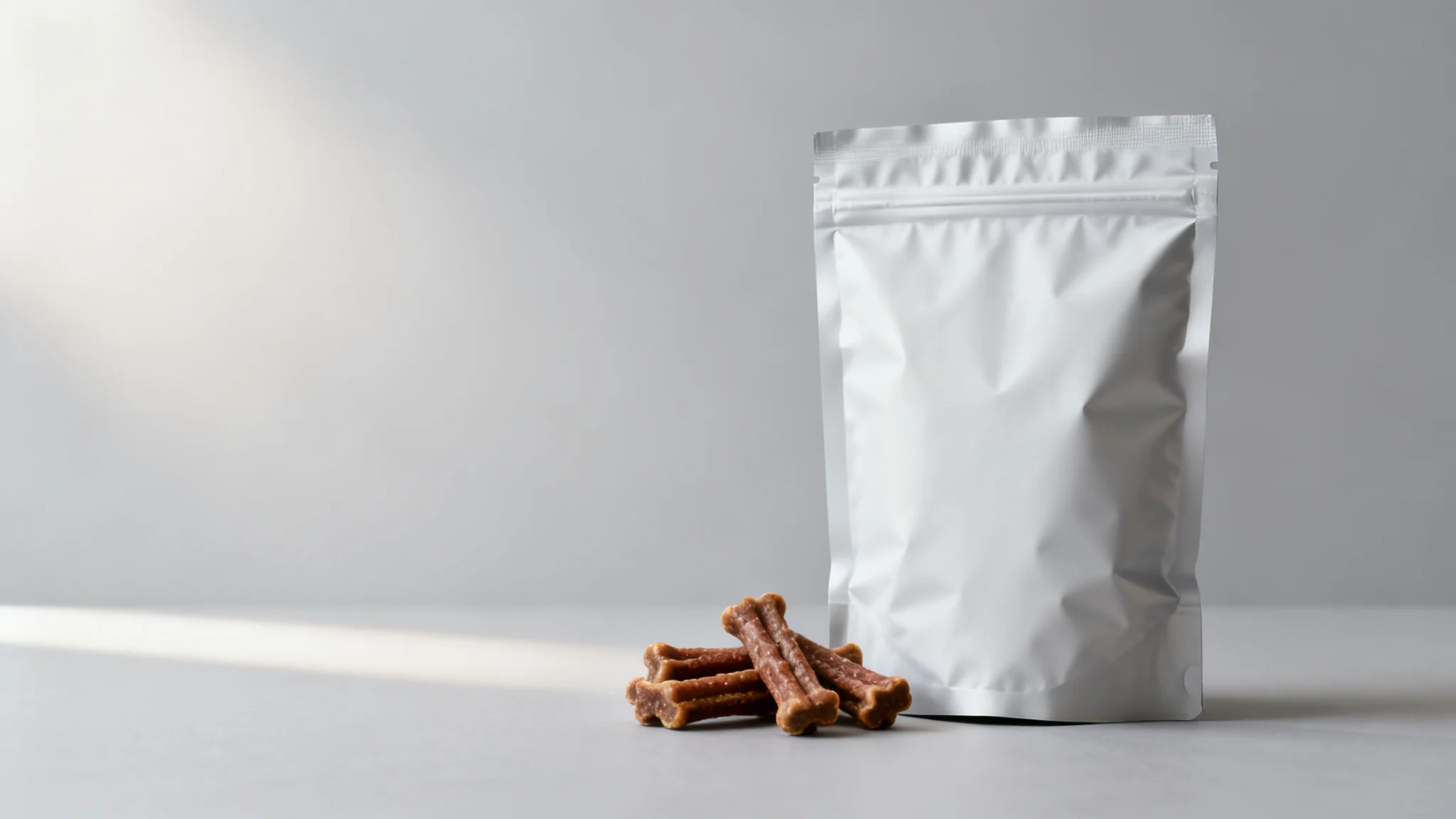 Dog treat packaging: a stand-up pouch of dog treats with a few meat treats beside it