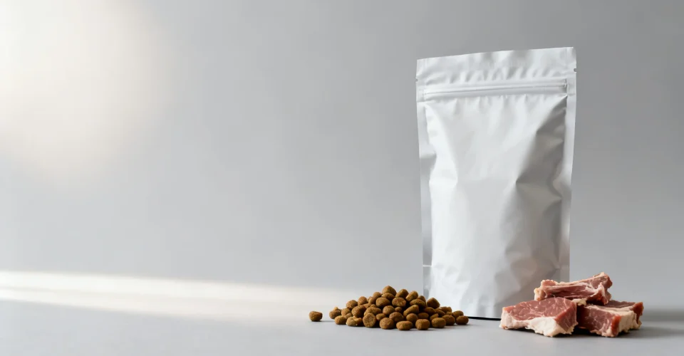 Freeze-dried pet food packaging: a stand-up pouch beside porous freeze-dried meat pieces