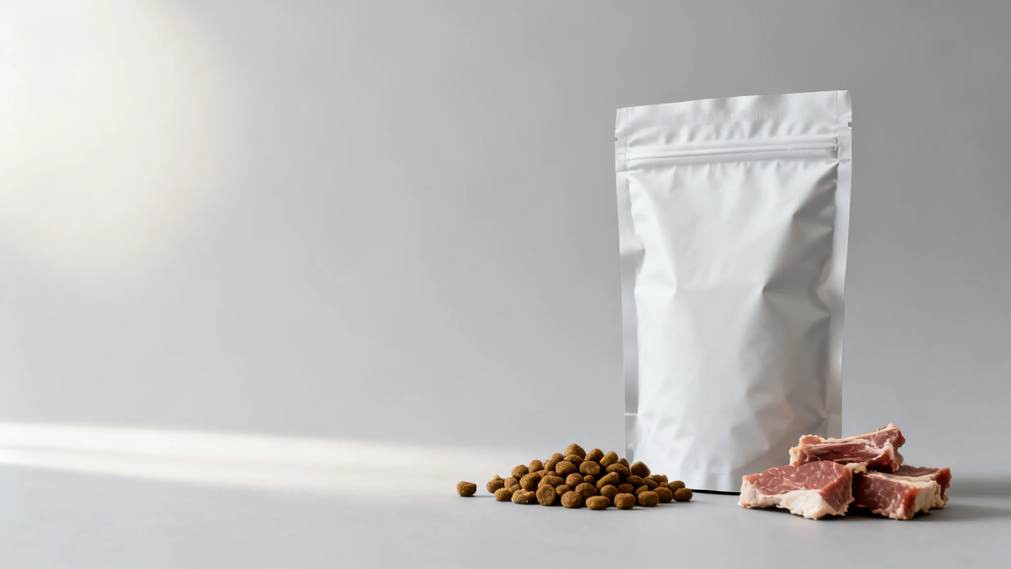 Freeze-dried pet food packaging: a stand-up pouch beside porous freeze-dried meat pieces