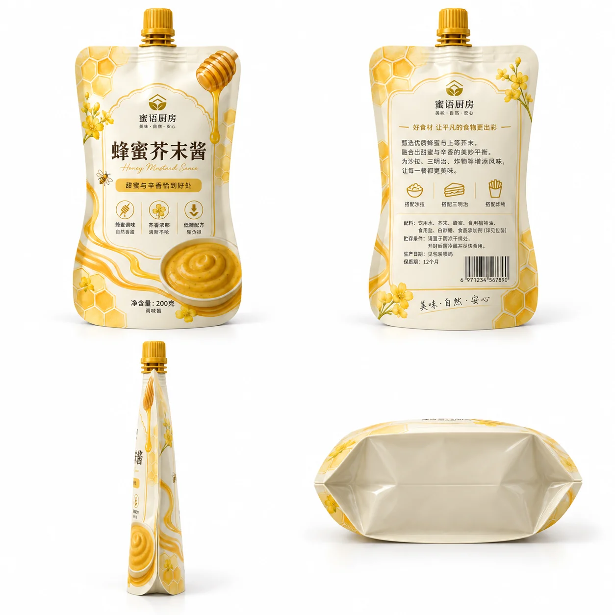 custom honey mustard sauce pouches front back side and bottom views