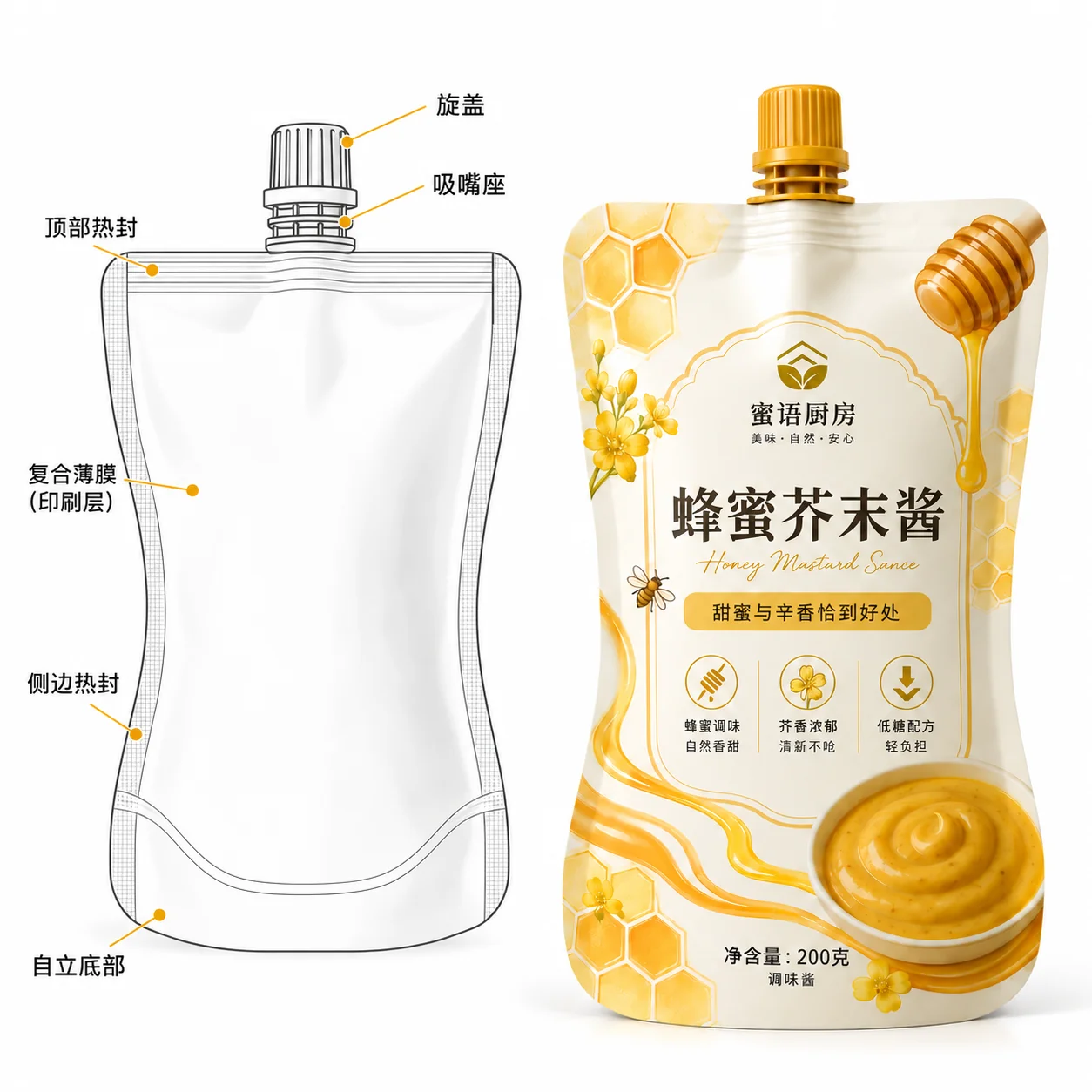 custom honey mustard sauce pouches spout cap and pouch structure diagram