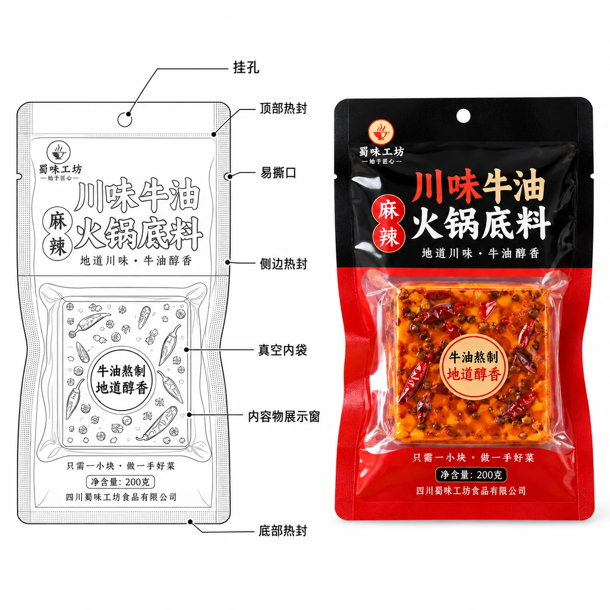 custom hot pot base packaging pouch structure line drawing