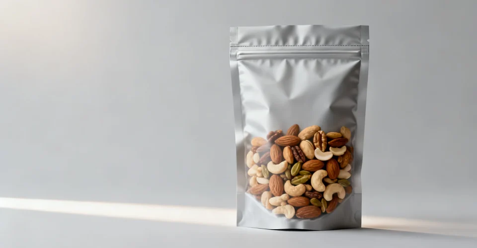 Resealable stand-up nut packaging pouch of mixed nuts with a zipper closure, studio product shot