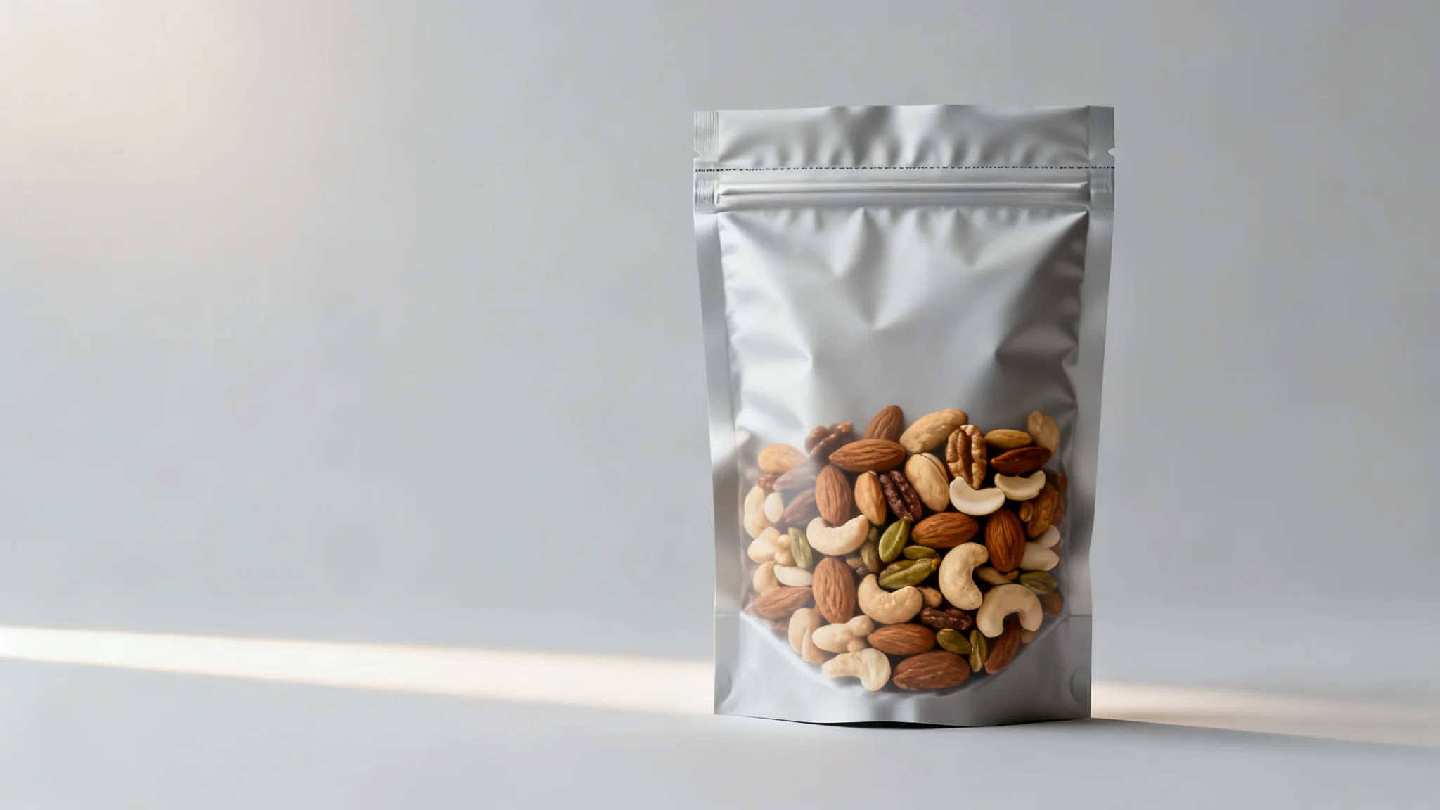 Resealable stand-up nut packaging pouch of mixed nuts with a zipper closure, studio product shot