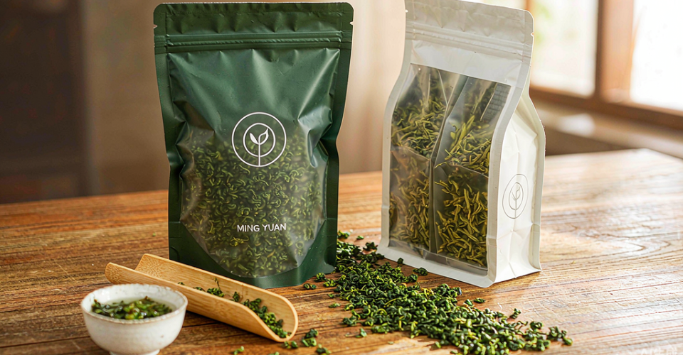 Tea packaging bags on a wooden table, a matte green aluminium foil stand-up pouch and a clear high-barrier pouch holding green tea leaves with a ceramic cup and bamboo scoop