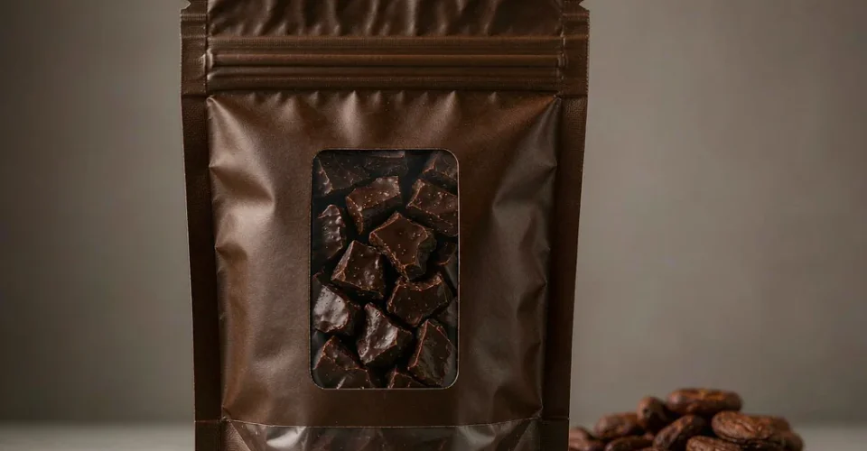 Matte brown stand-up chocolate packaging pouch with a clear window showing chocolate chunks, cocoa beans beside it