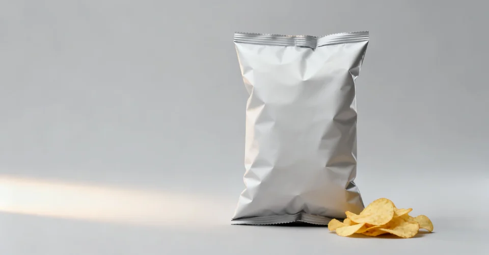 Potato chip packaging: a filled bag with visible headspace beside a small pile of potato chips