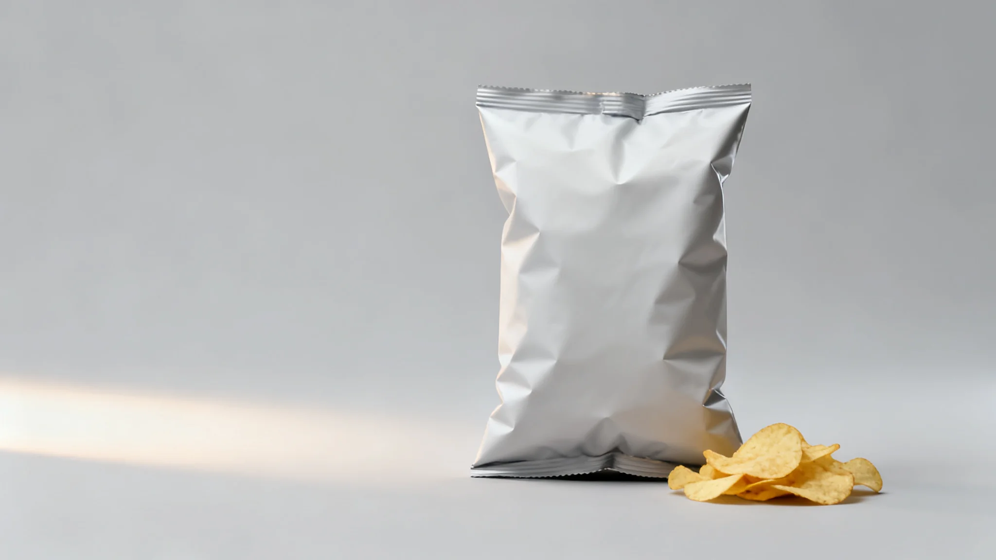 Potato chip packaging: a filled bag with visible headspace beside a small pile of potato chips