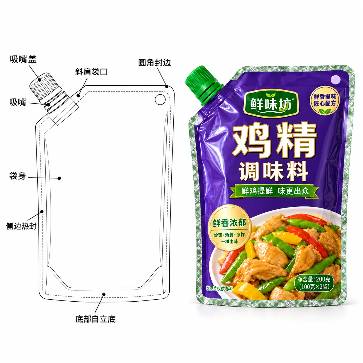 custom chicken seasoning pouches spout cap and stand-up base diagram