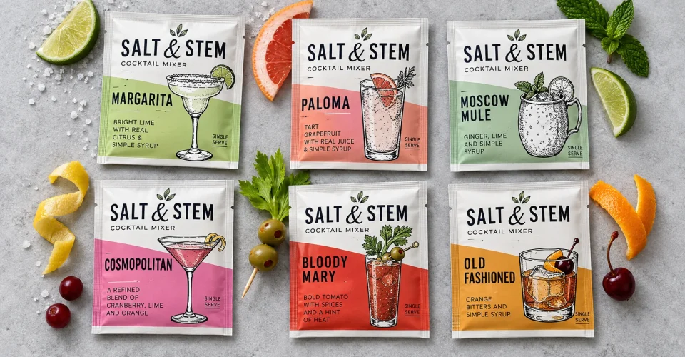 Single-serve drink mix sachet packaging for cocktail and beverage powders