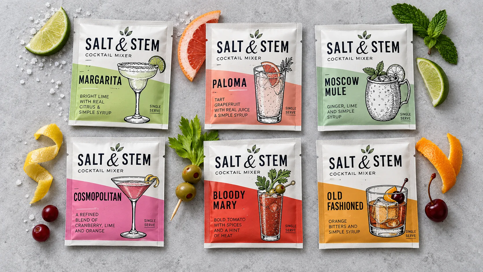 Single-serve drink mix sachet packaging for cocktail and beverage powders