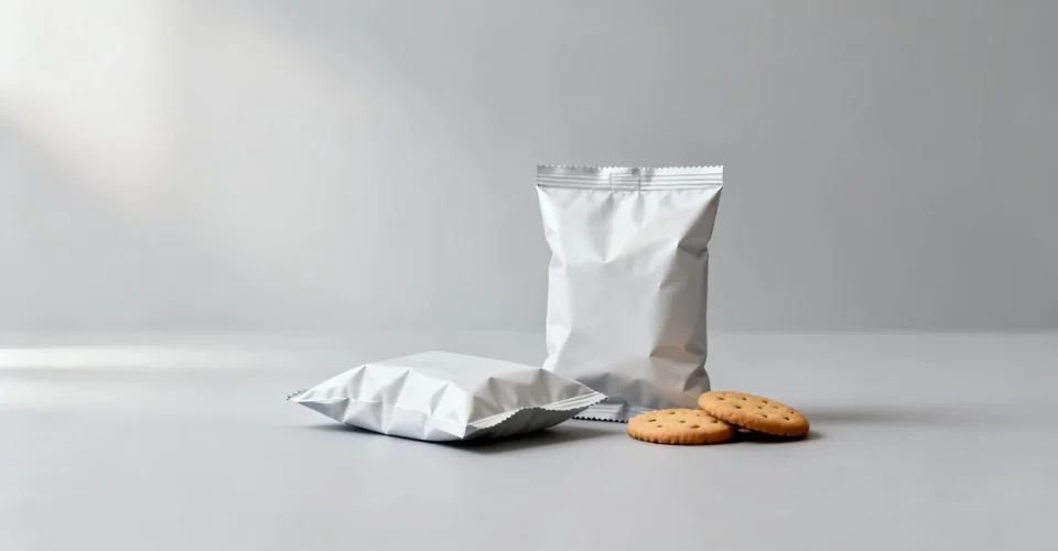 Concept visual of biscuit pouches in two formats, rollstock pillow pack and premade stand-up pouch, used to illustrate cookie packaging format selection