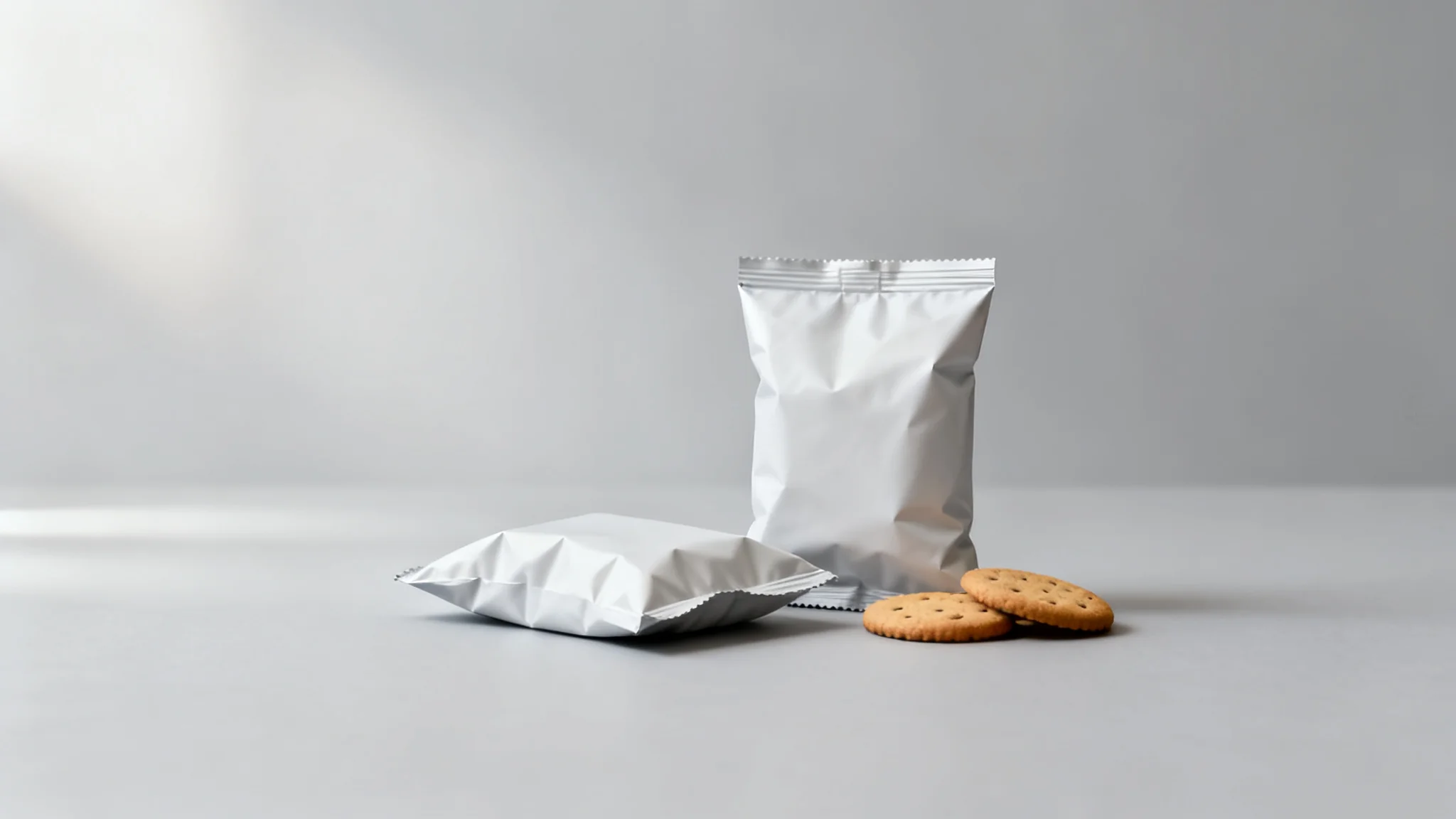 Concept visual of biscuit pouches in two formats, rollstock pillow pack and premade stand-up pouch, used to illustrate cookie packaging format selection