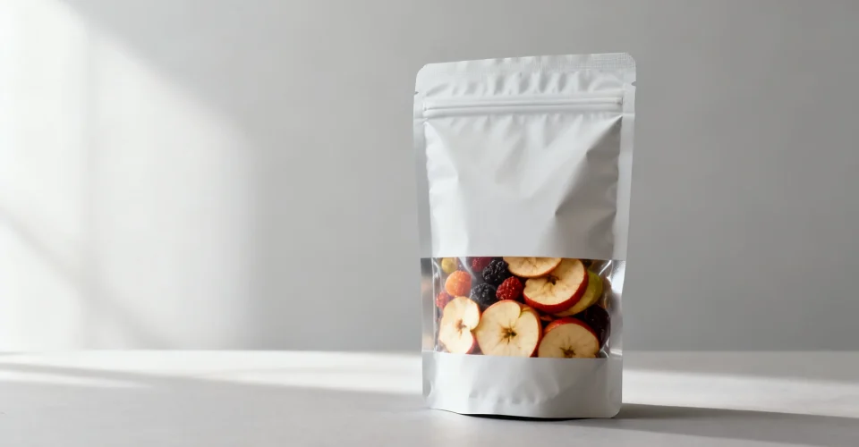 Stand-up dried fruit packaging pouch holding mixed dried fruit and apple chips