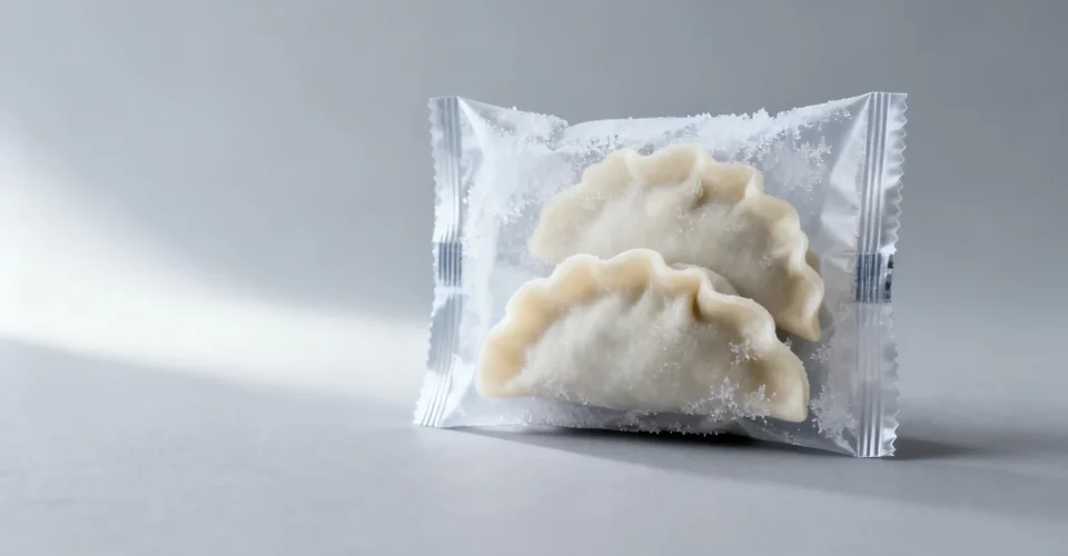 Concept visual of a frozen dumpling packaging pouch in cold-chain conditions with frost on the film
