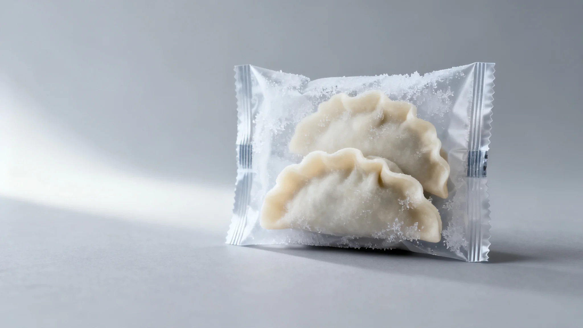Concept visual of a frozen dumpling packaging pouch in cold-chain conditions with frost on the film