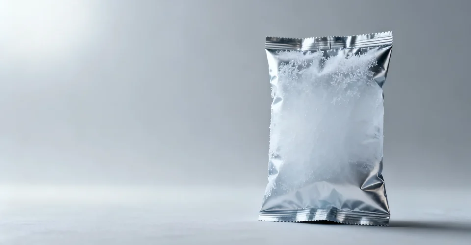Concept visual of a frozen food packaging pouch in a cold-chain setting with frost on the film