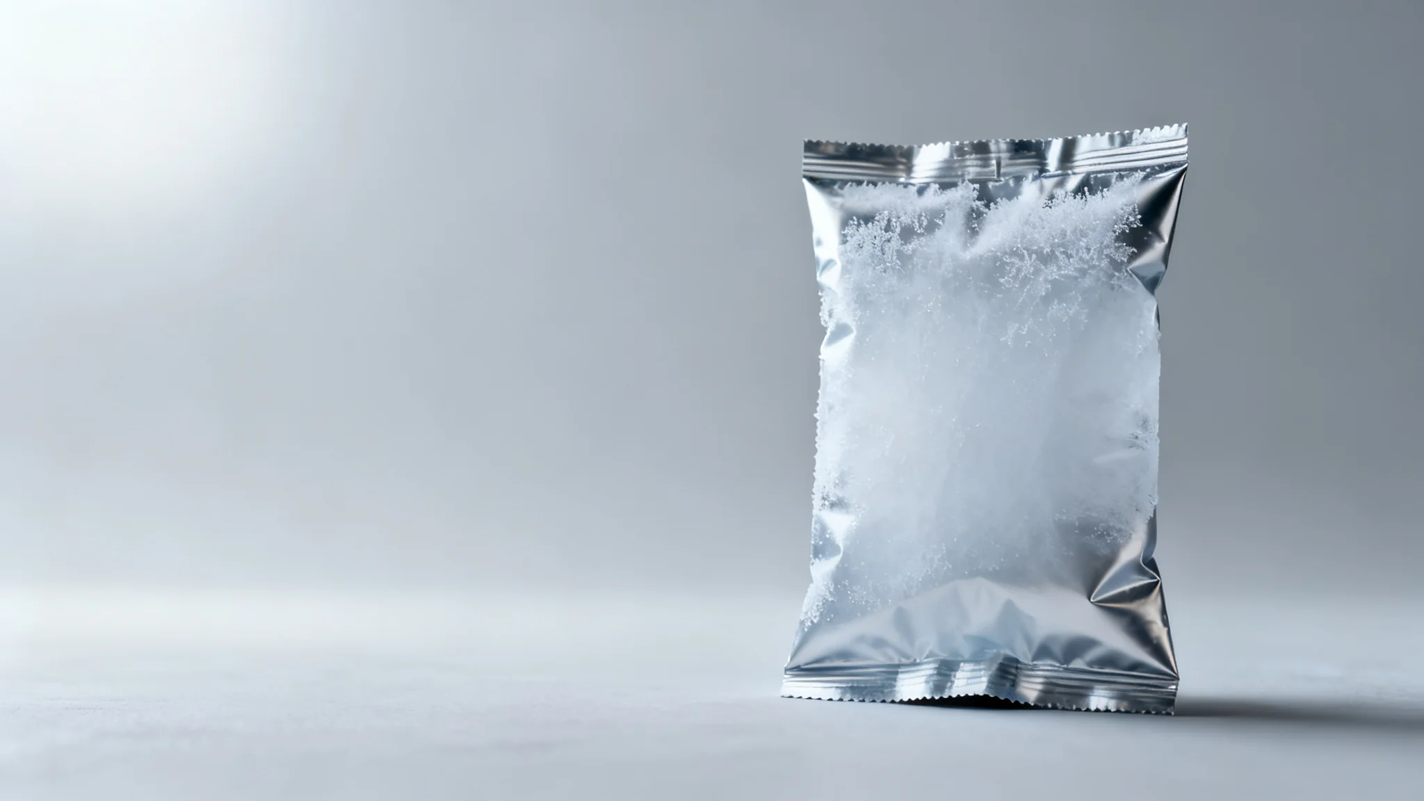 Concept visual of a frozen food packaging pouch in a cold-chain setting with frost on the film