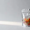 Gummy packaging stand-up pouch with a resealable zipper holding gummy candies