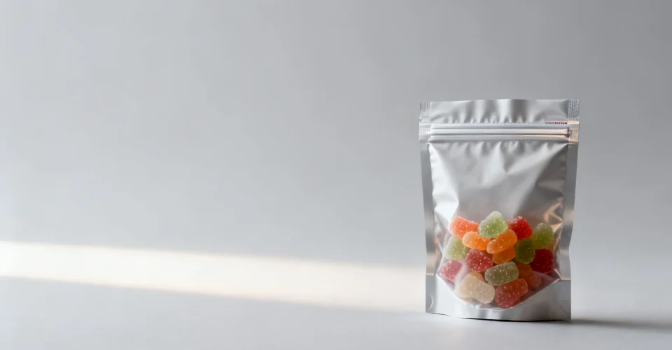 Gummy packaging stand-up pouch with a resealable zipper holding gummy candies