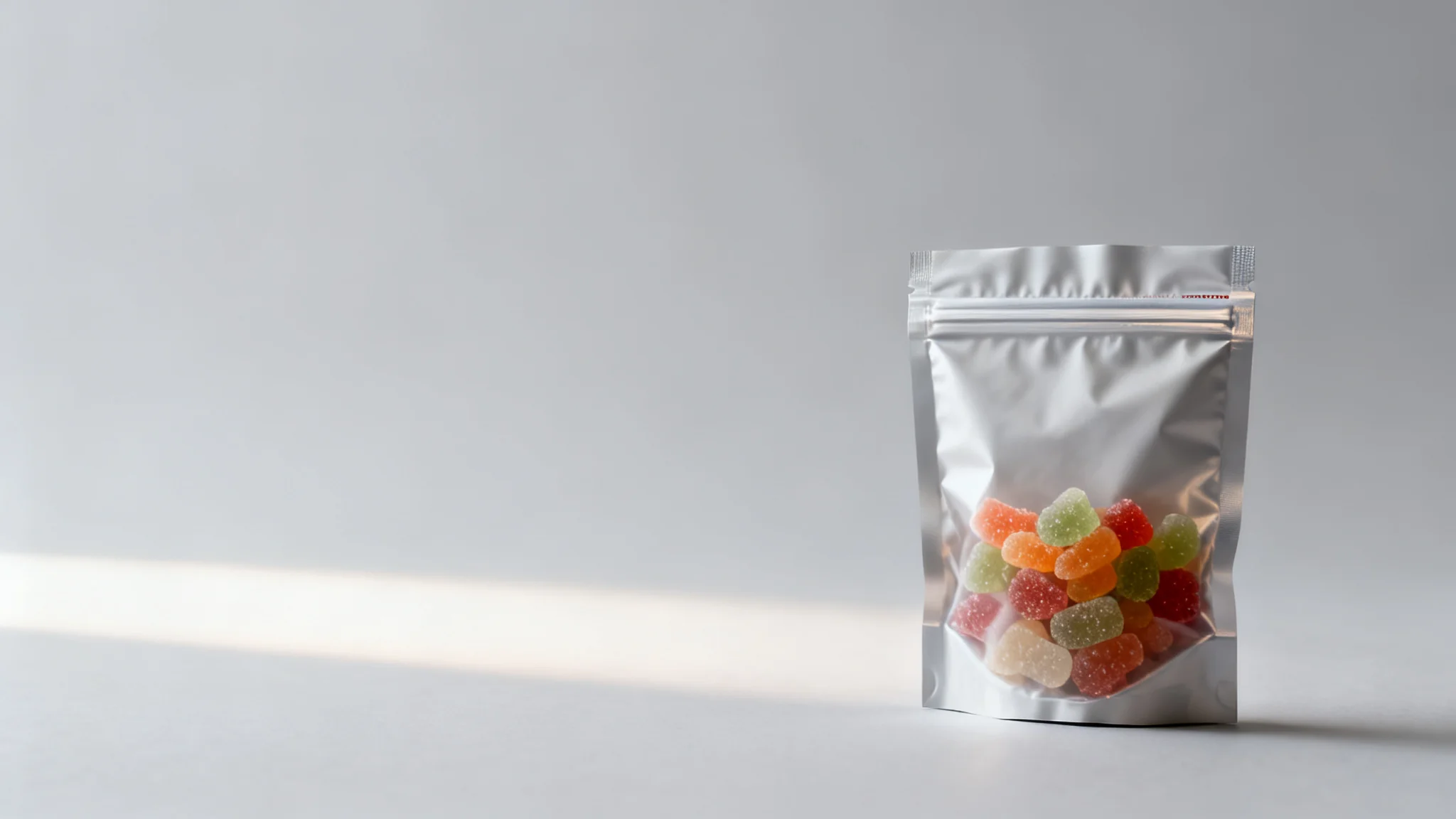 Gummy packaging stand-up pouch with a resealable zipper holding gummy candies