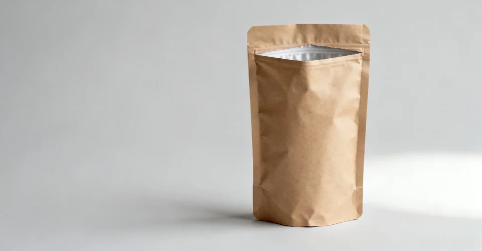 Concept visual of a kraft paper food pouch showing the brown paper face and inner sealing layer