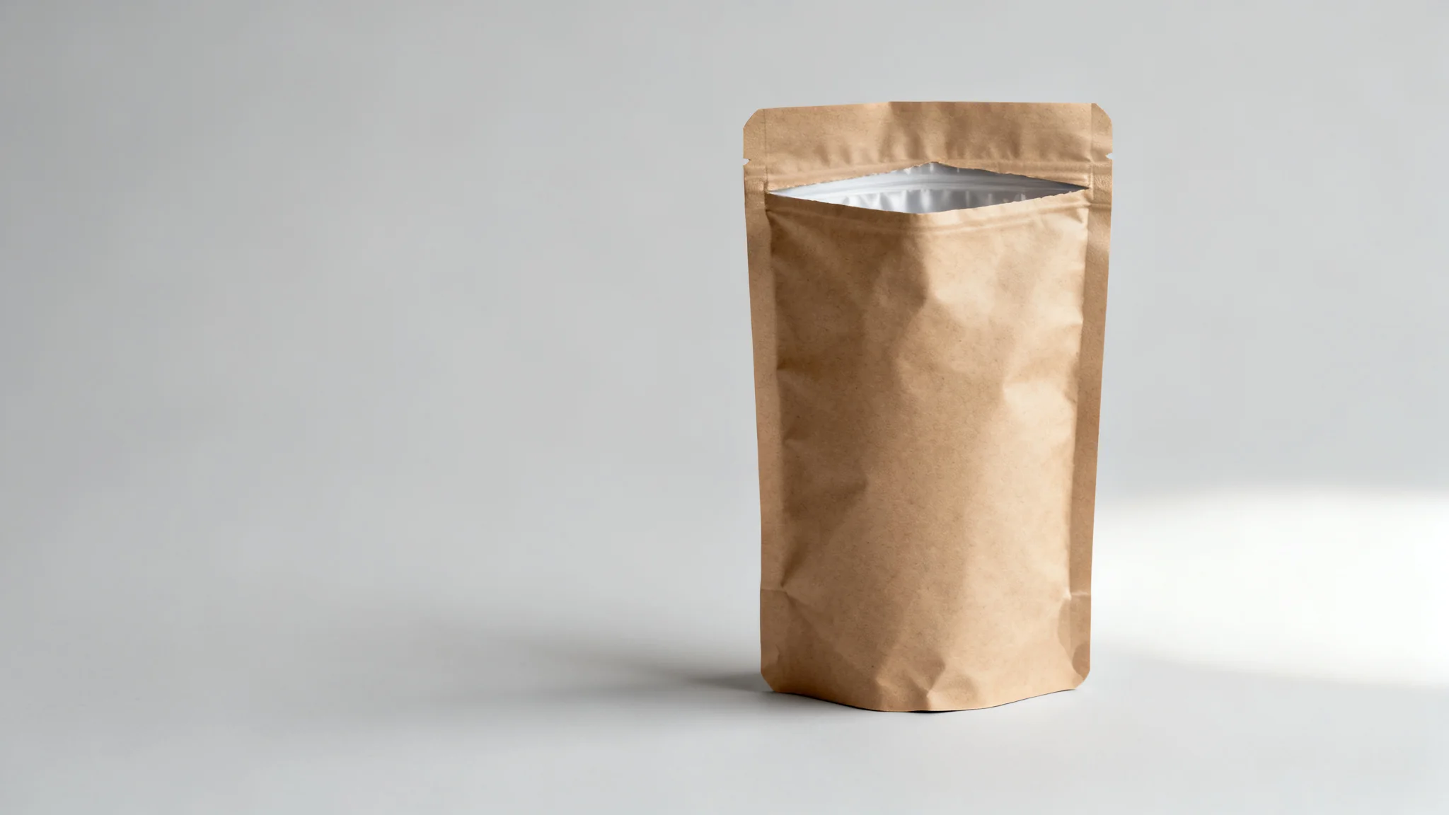 Concept visual of a kraft paper food pouch showing the brown paper face and inner sealing layer