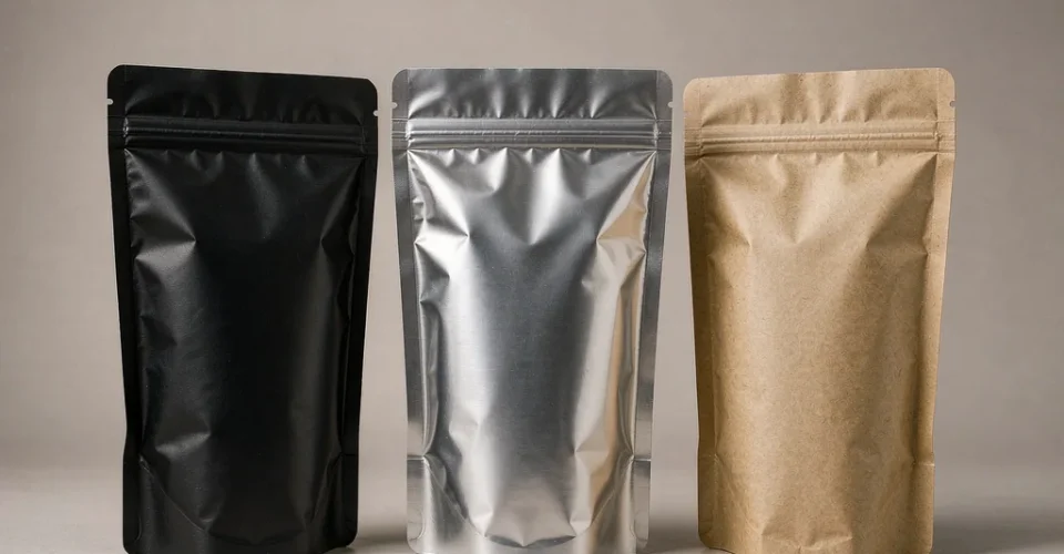 Three stand-up pouches side by side showing matte black, high-gloss metallised and natural kraft film finishes