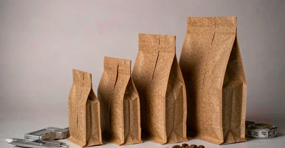 Five kraft stand-up pouches of graduated sizes lined up beside a digital caliper and a tape measure on a studio table