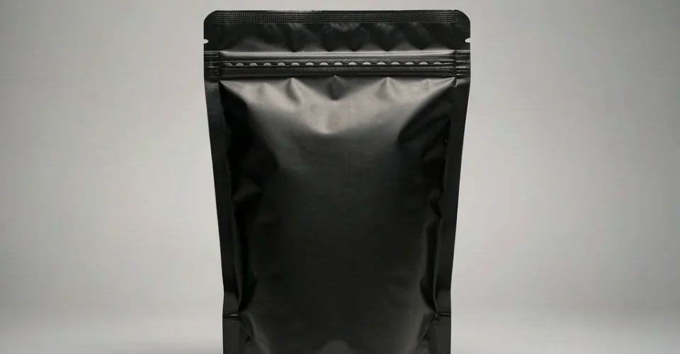 Matte black stand-up pouch with tamper-evident tear band and press-to-close zipper on a light grey studio background