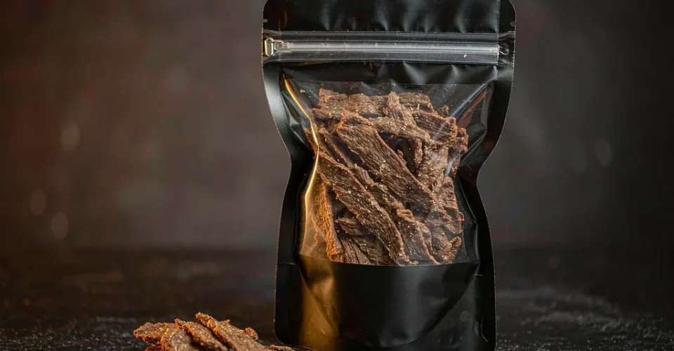 Matte stand-up pouch of beef jerky with resealable zipper on a dark slate surface
