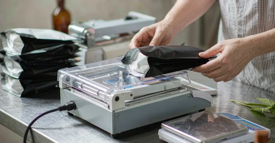 Tabletop impulse heat sealer closing a matte black stand-up coffee pouch on a stainless steel packing bench